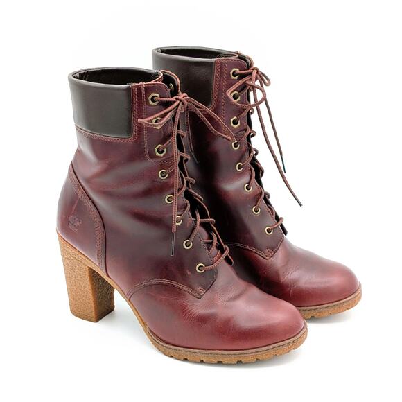 Timberland Glancy Lace-Up Boots Womens 9 Burgundy Leather Block Heel A18Z6 - Picture 4 of 13